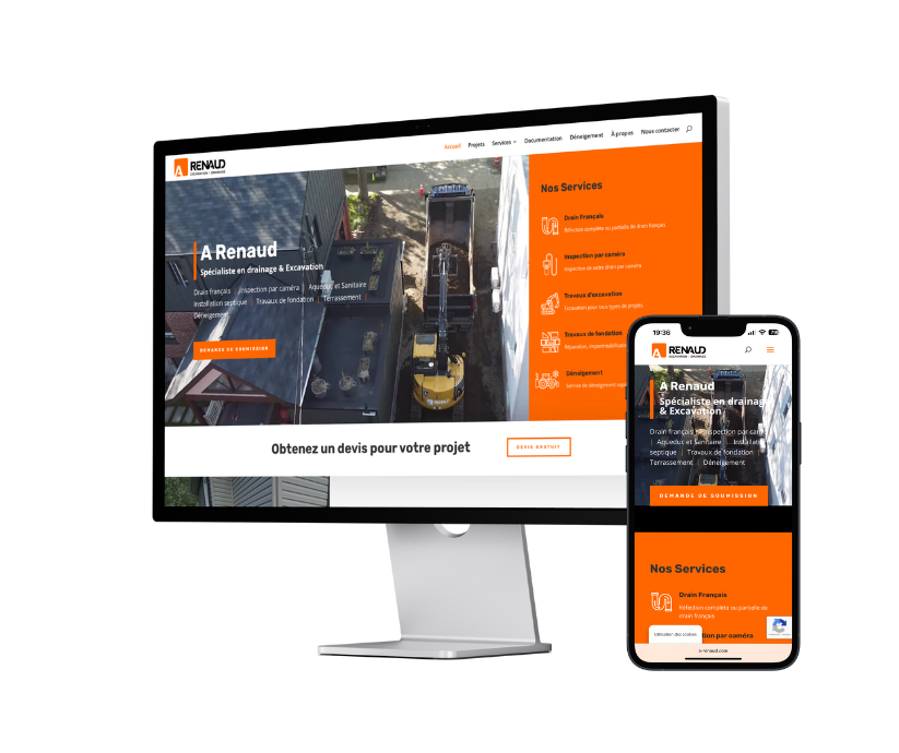 Site web A Renaud affiché sur ordinateur et mobile illustrant un design responsive pour services d’excavation et drainage résidentiel