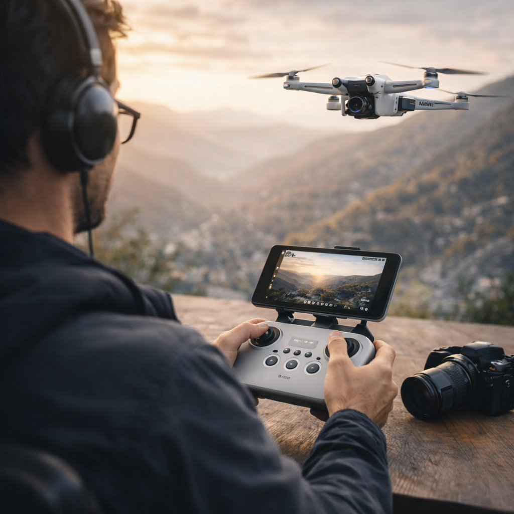 Opérateur pilotant un drone avec télécommande et écran de contrôle pour capturer des images aériennes en paysage montagneux