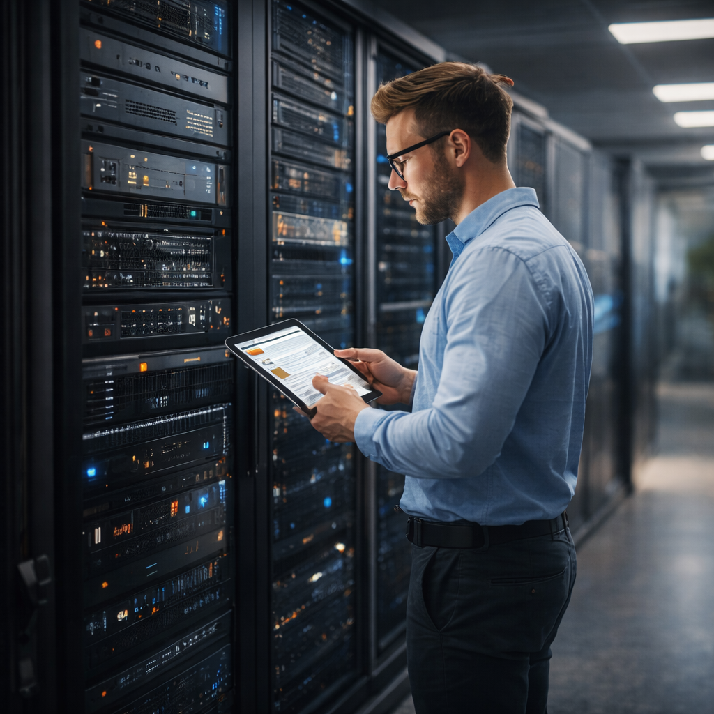 Technicien IT utilisant une tablette dans un centre de données pour surveiller des serveurs et l’infrastructure réseau sécurisée