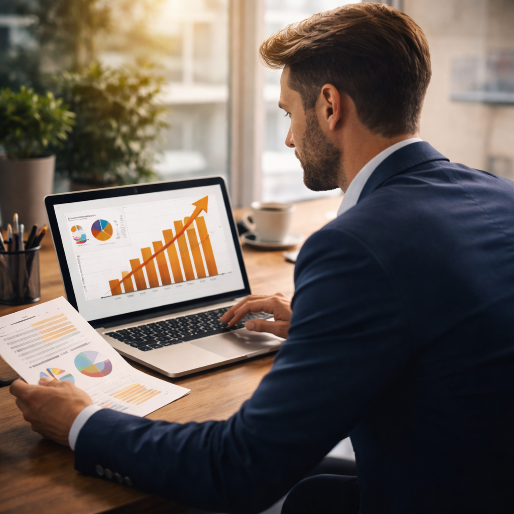 Professionnel analysant des graphiques de croissance sur ordinateur portable illustrant la performance commerciale et l’analyse de données financières