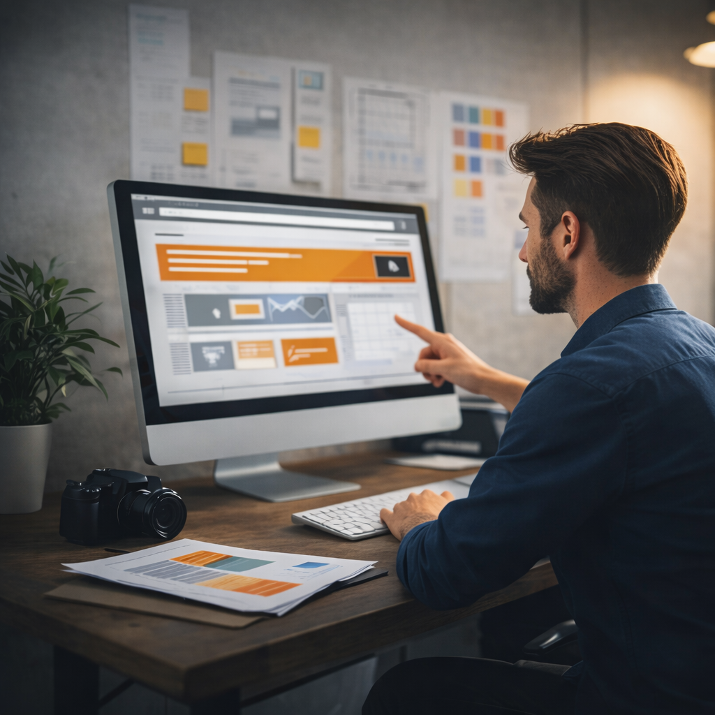 Professionnel analysant une interface de site web sur ordinateur illustrant la conception web et l’optimisation de l’expérience utilisateur