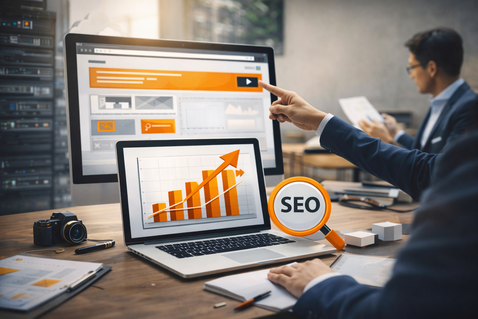 Professionnel analysant la croissance SEO sur ordinateur avec graphiques de performance illustrant l’optimisation du référencement et la visibilité web