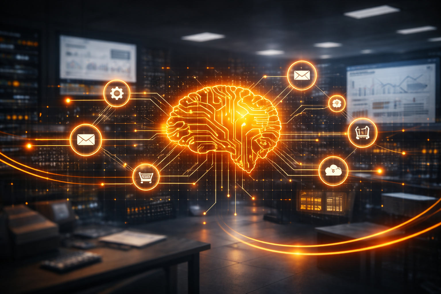 Illustration d’un cerveau numérique avec connexions lumineuses orange et icônes d’automatisation représentant l’intelligence artificielle et les flux de données interconnectés