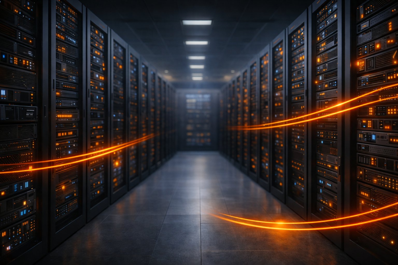 Allée de centre de données avec rangées de serveurs en rack et flux lumineux orange illustrant le transfert de données et l’infrastructure IT sécurisée