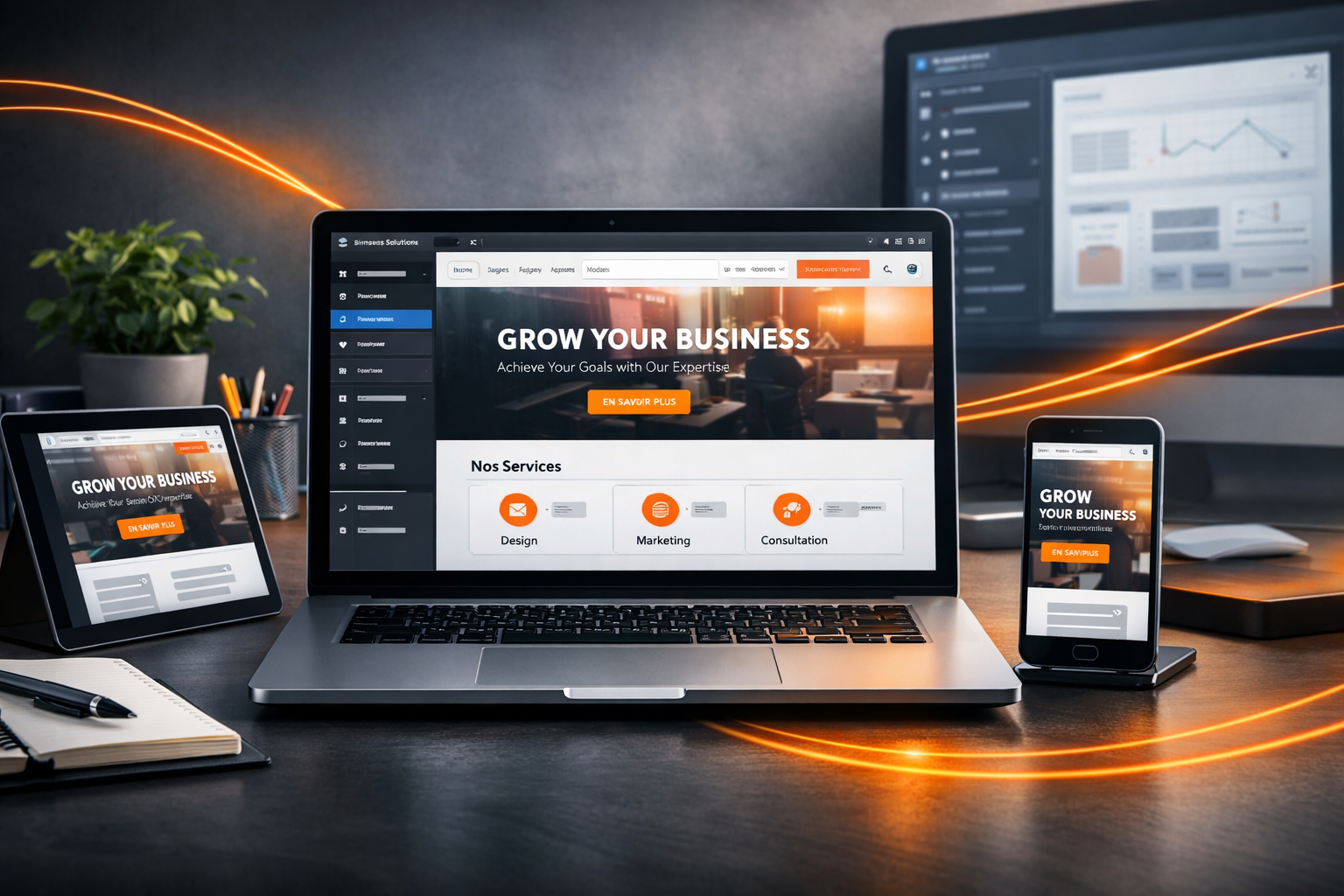 Interface de site web responsive affichée sur ordinateur, tablette et mobile avec flux lumineux orange illustrant le développement web et l’optimisation multi-appareils